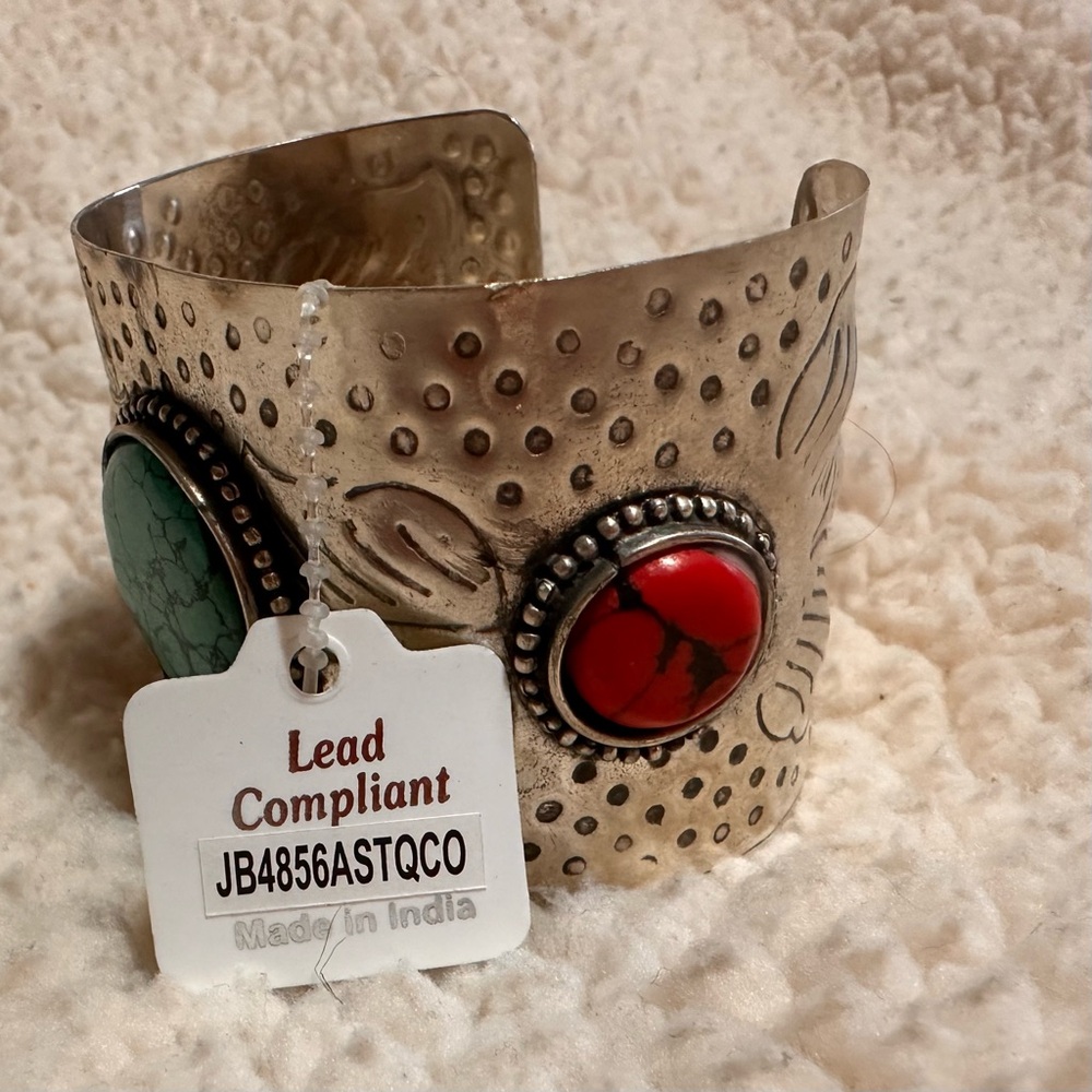 Stamped Silver Tone Wide Cuff Bracelet Native Floral Design Stones vintage - Picture 9 of 15